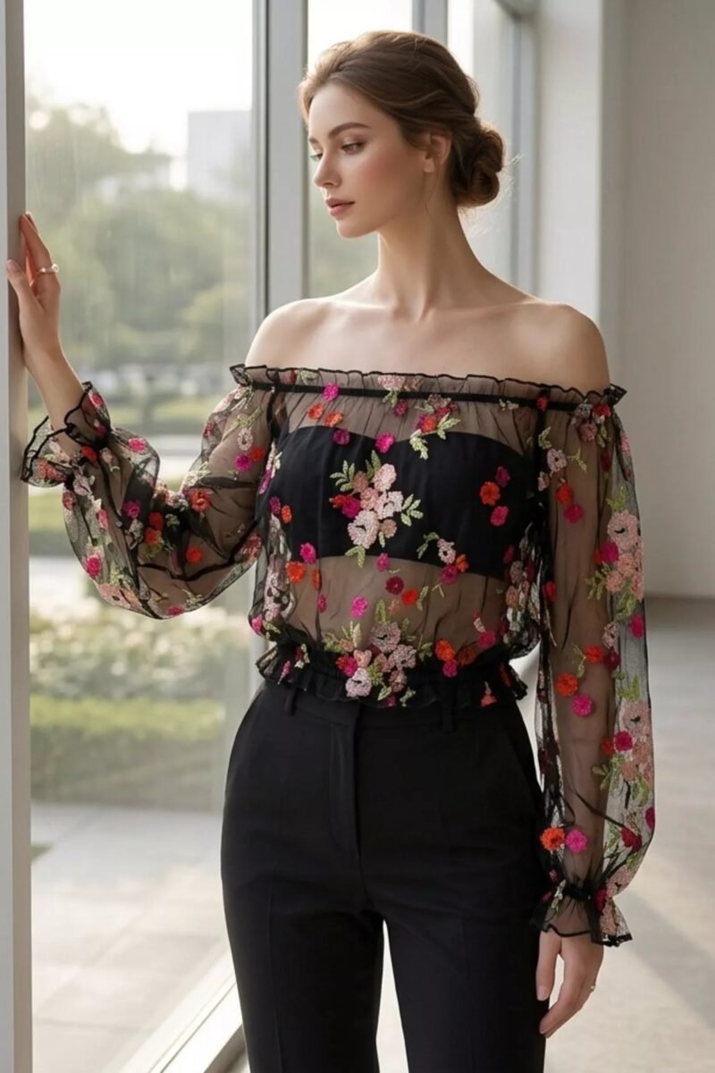 Floral Embroidered Mesh Off-Shoulder Top | 3 Colors