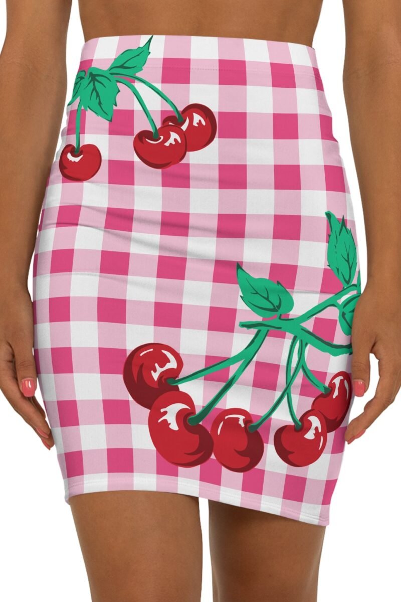 Women's 1990s Fitted Mini Skirt in Pink Gingham Vintage Cherries Print