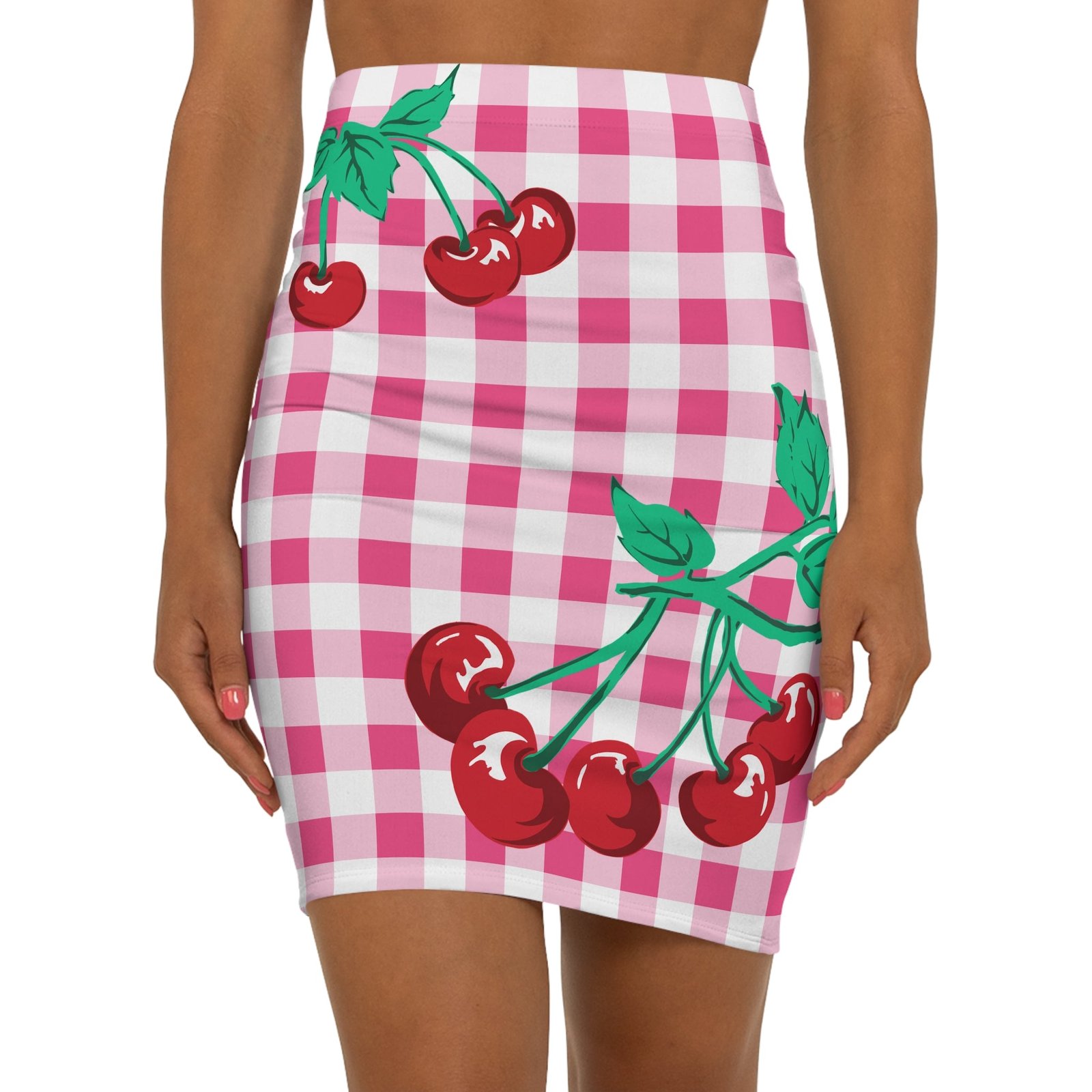 Women's 1990s Fitted Mini Skirt in Pink Gingham Vintage Cherries Print