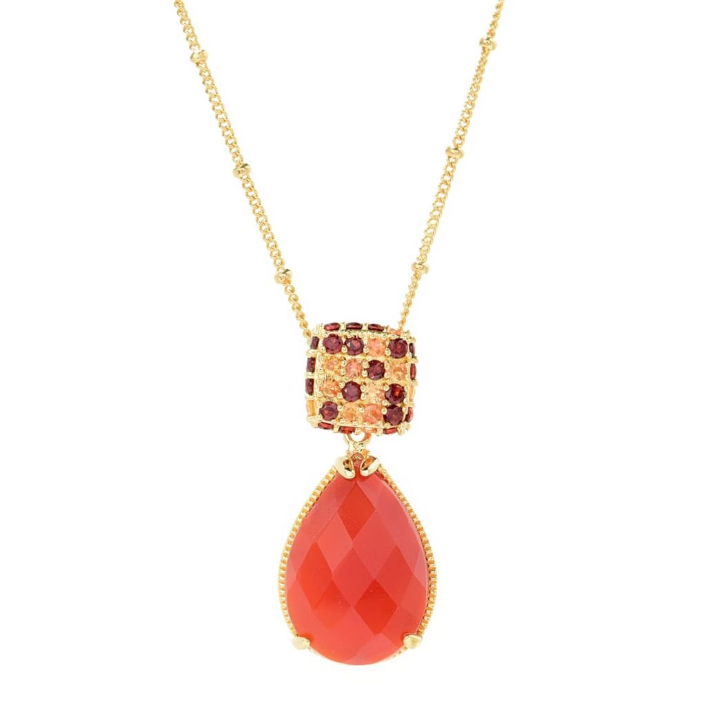18K Gold Plated 20x14mm Chalcedony & Multi Gemstone Pendant w/ 18"+3" Chain
