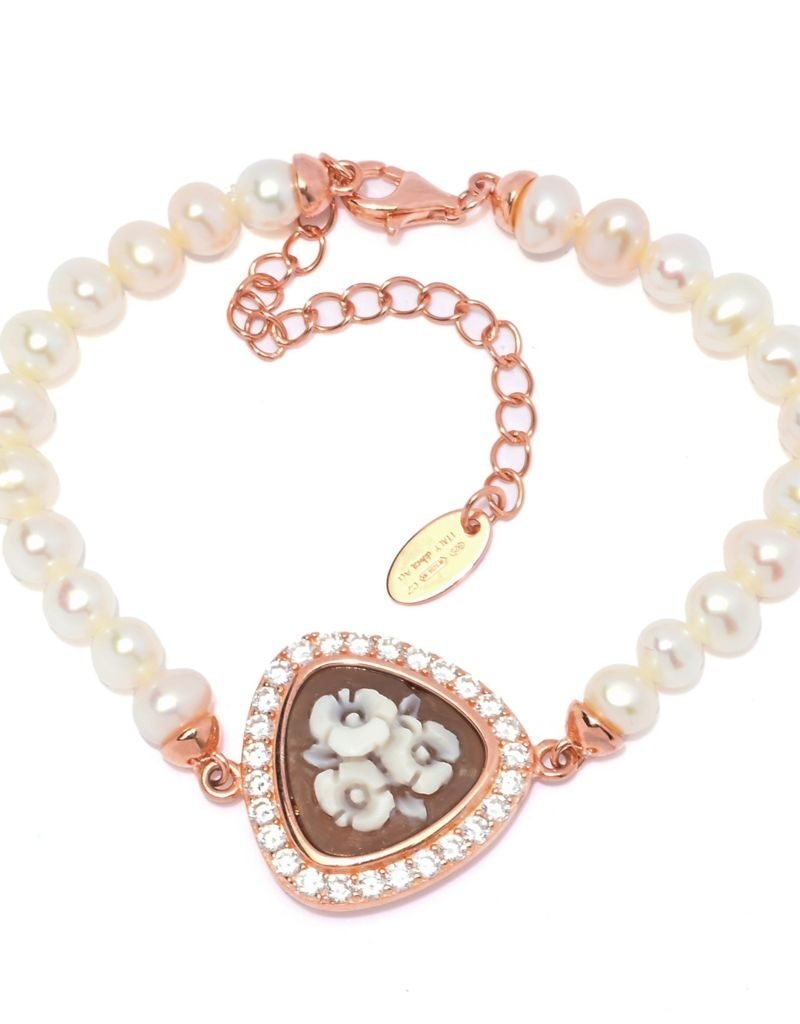 Cameo Italiano "Ballet" Flowers Shell Cameo & Cultured Pearl Bracelet