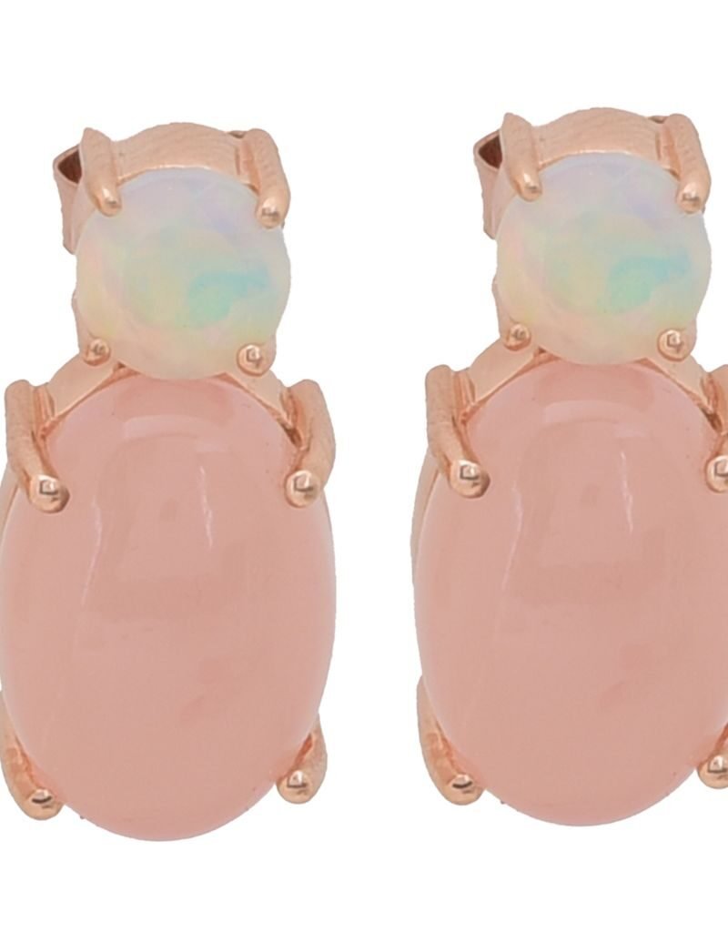 18K Gold Plated 14x10mm Oval Pink Chalcedony & Ethiopian Opal Drop Earrings