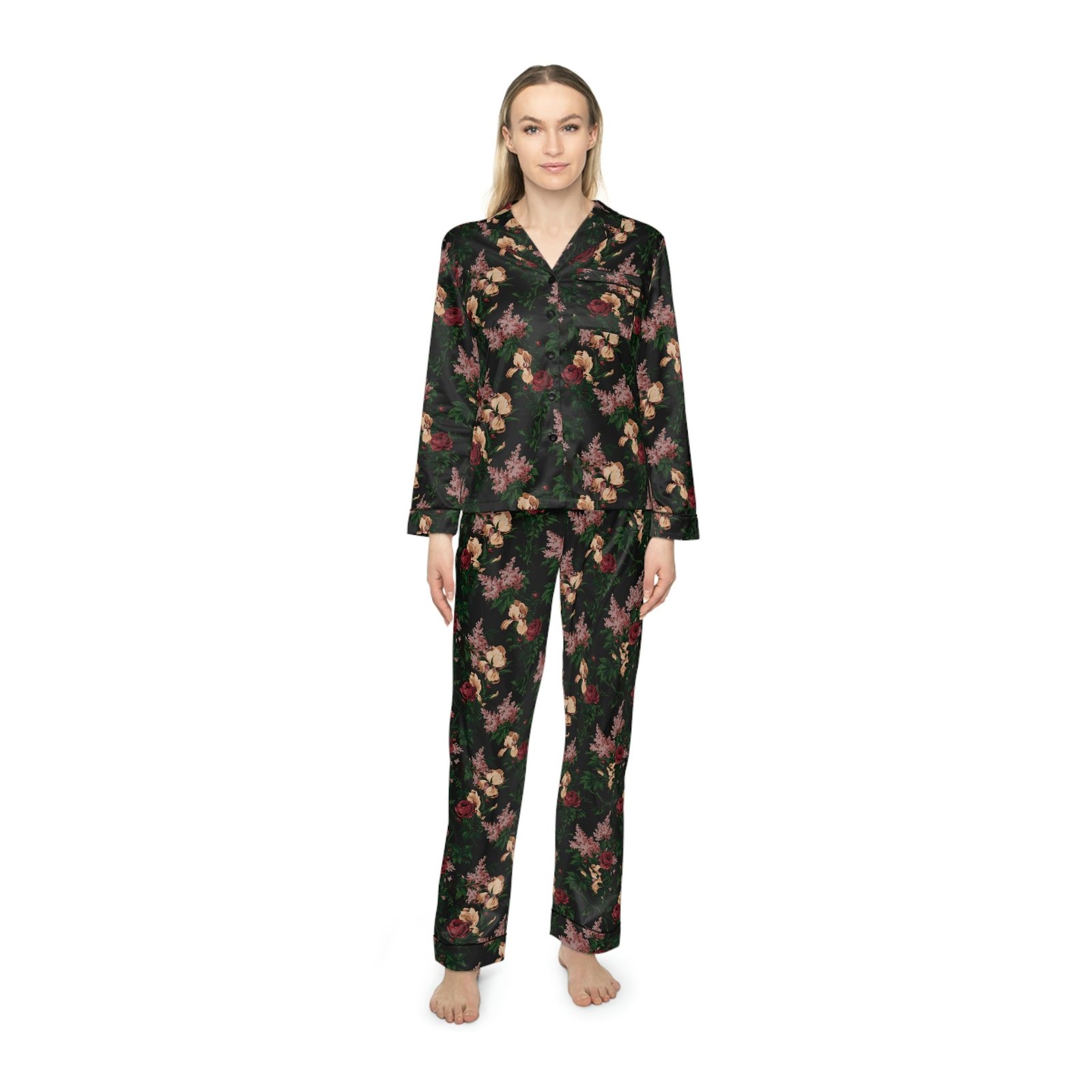 Pajama Game in Dark Bella Roses Satin 2 Piece Button Up PJ Set