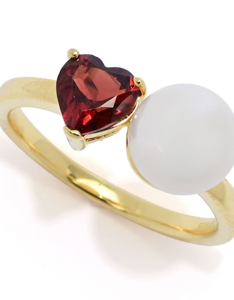 18K Gold Plated "Hollywood" Cultured Pearl & Heart Shape Gem "Toi et Moi" Ring