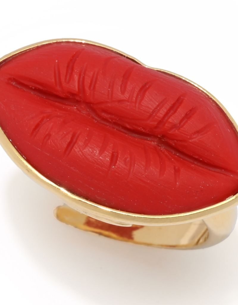 Bello Italiano 18K Gold Plated "Rossetto" Red Coral Lips Ring