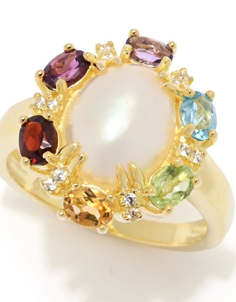 18K Gold Plated 10x8mm Oval Cultured Mabe Pearl & Multi Gemstone Ring
