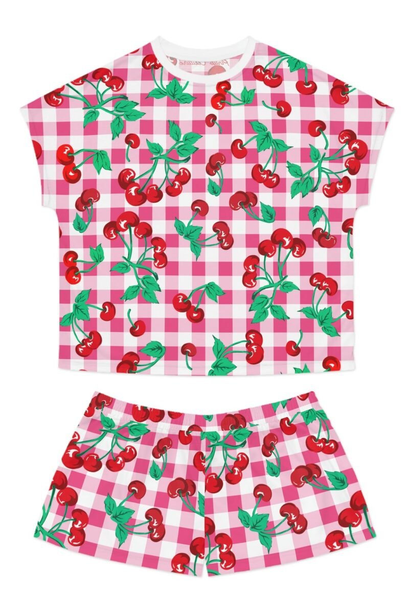 TGIF Sleepover PJs in Pink & White Gingham Cherry Girl Tee & Pajama Shorts-Set