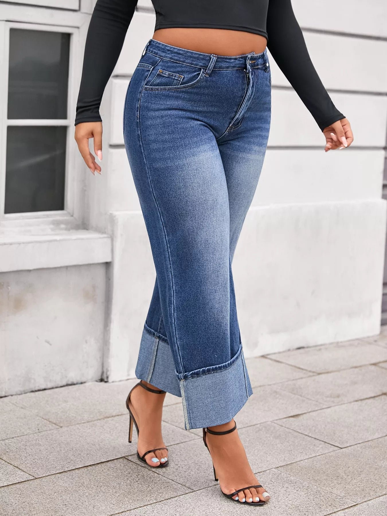 High-Rise Cuffed Wide-Leg Jeans - Plus Size