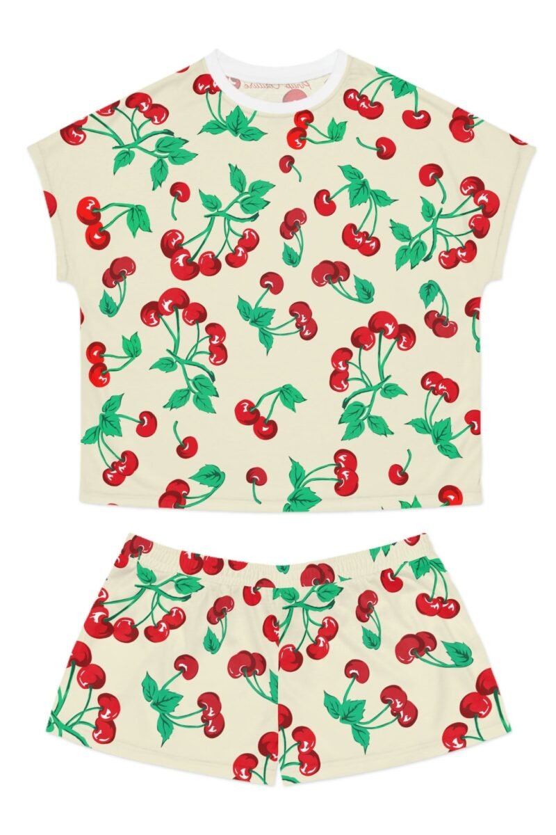TGIF Sleepover PJs in Antique Ivory Cherry Girl Tee & Pajama Shorts-Set