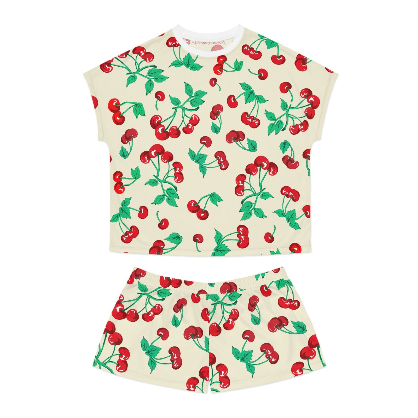 TGIF Sleepover PJs in Antique Ivory Cherry Girl Tee & Pajama Shorts-Set