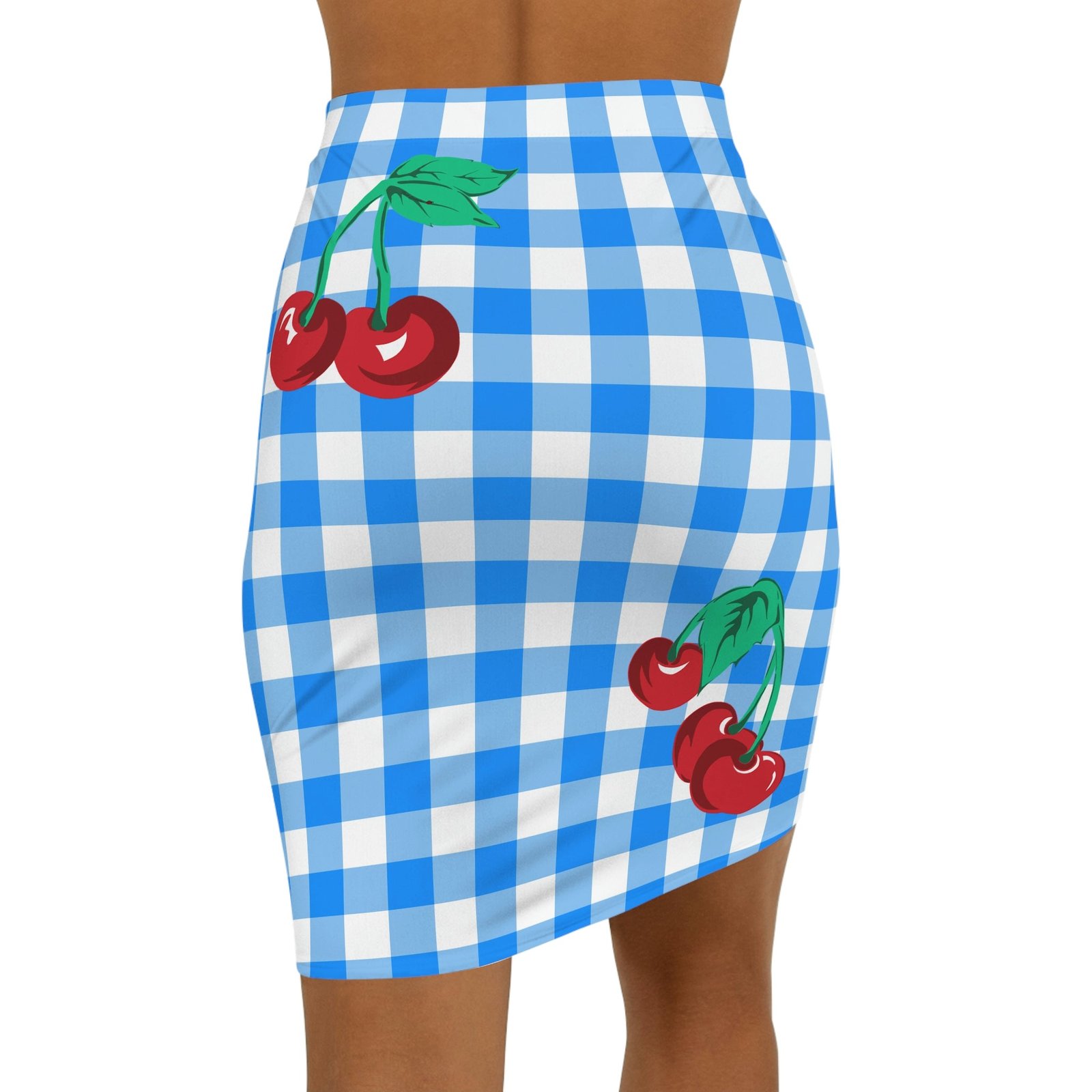 Paris 90's Vintage Stretch Mini Skirt in Blue Gingham Cherry Print