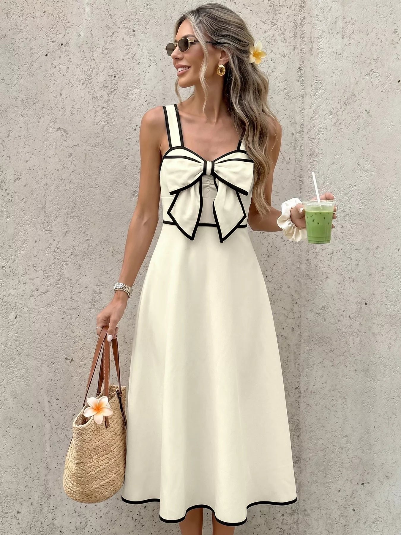 Bow-Trim A-Line Midi Dress