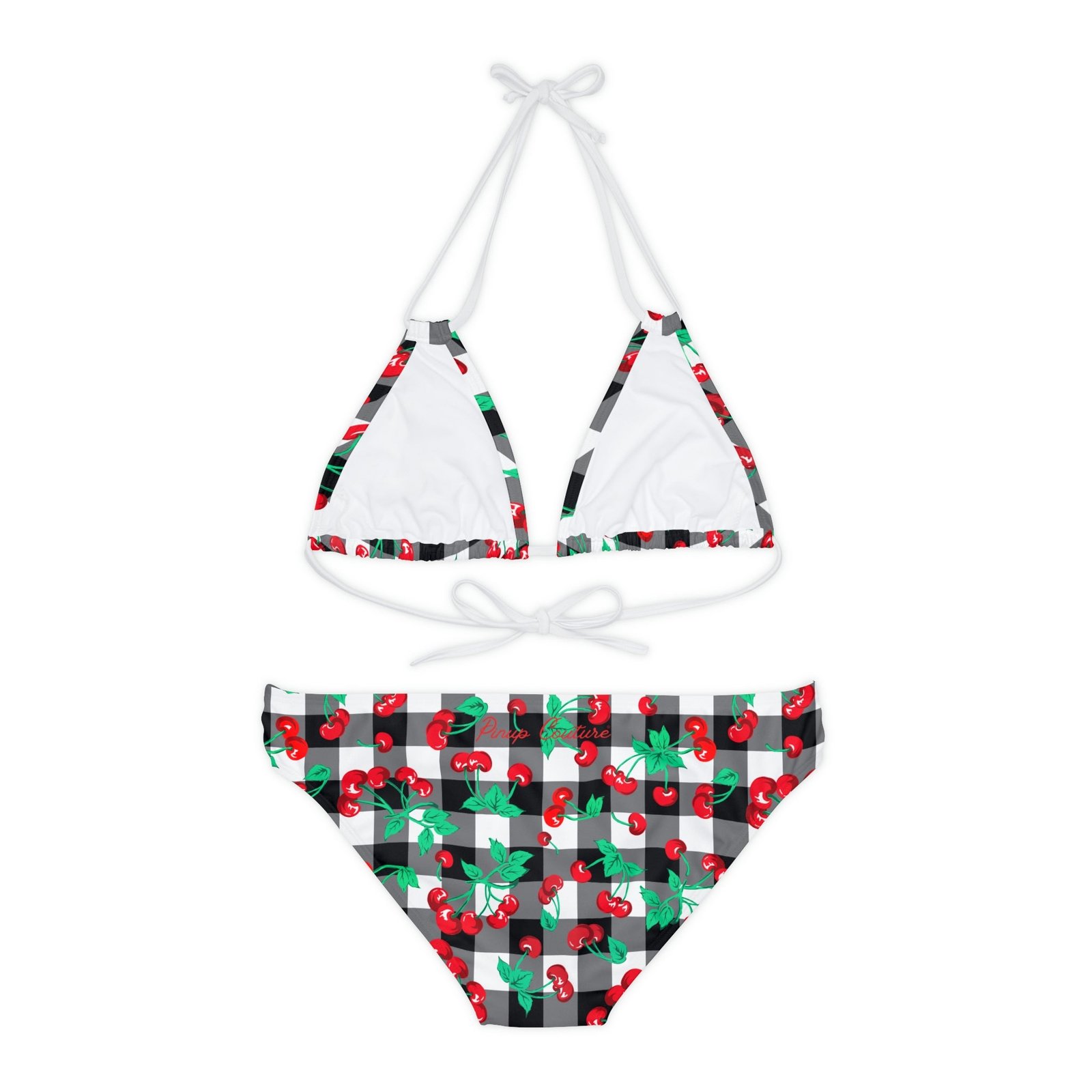 90s Vintage Black Gingham Cherry Print Strappy Bikini Set