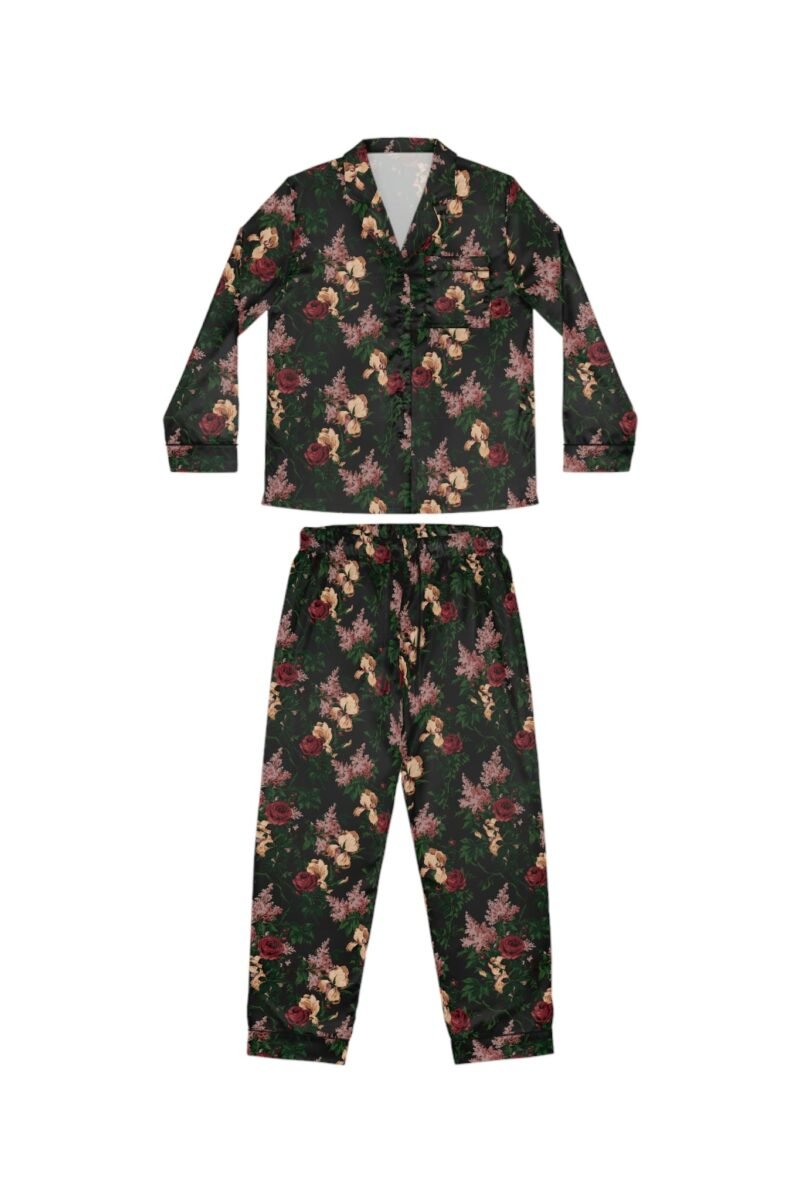 Pajama Game in Dark Bella Roses Satin 2 Piece Button Up PJ Set