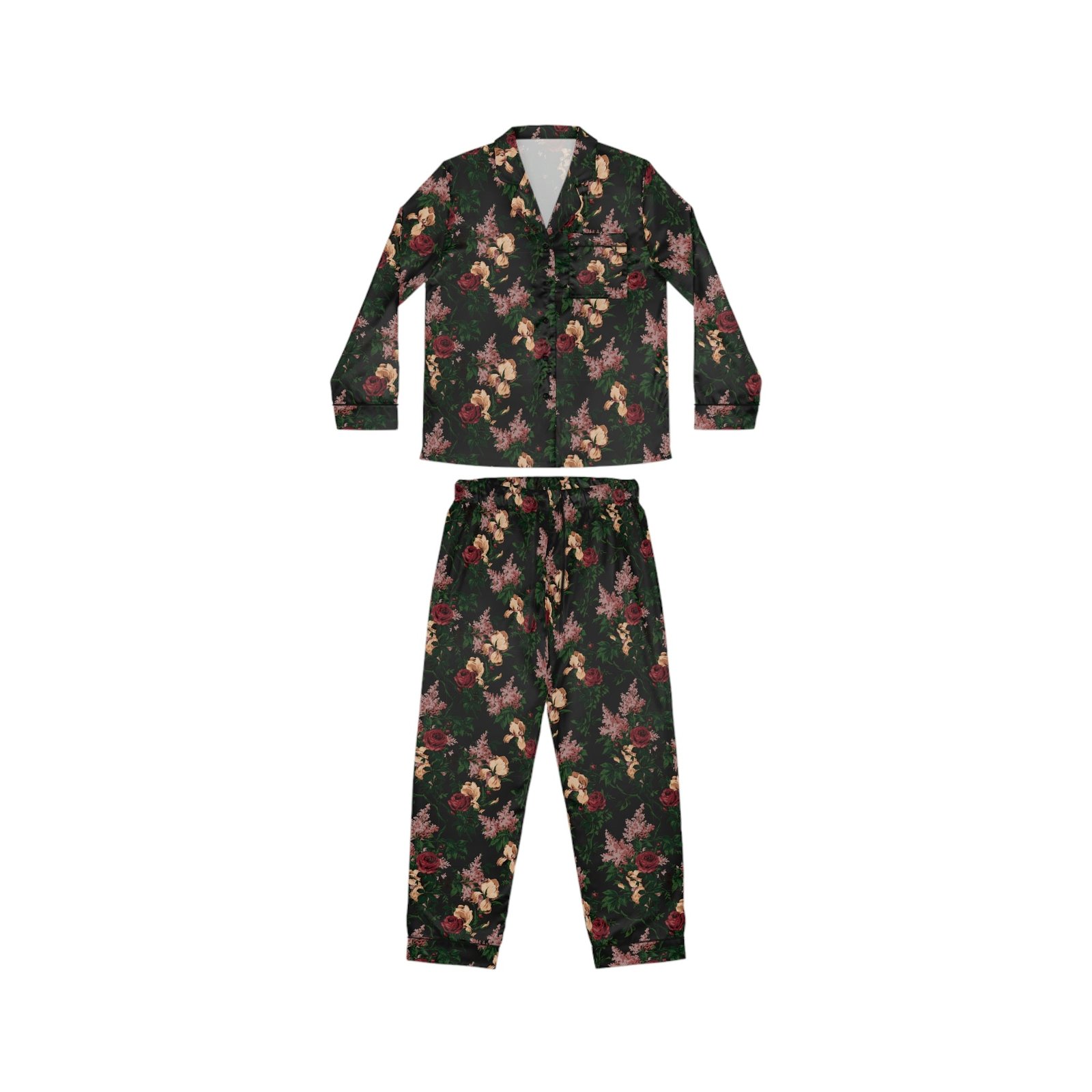 Pajama Game in Dark Bella Roses Satin 2 Piece Button Up PJ Set