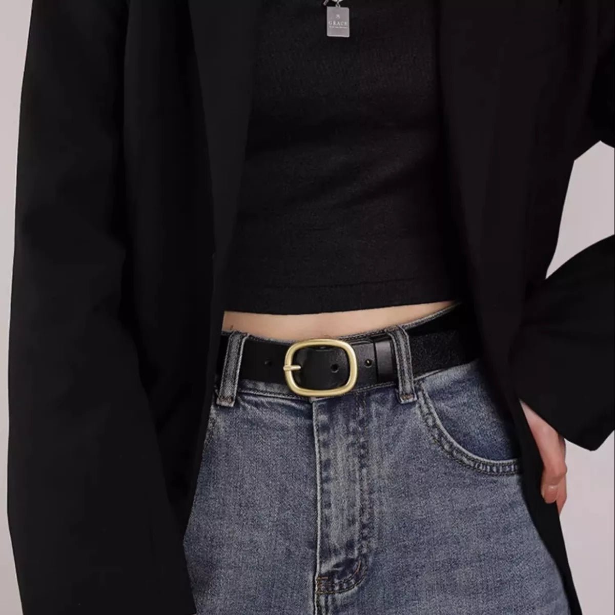 Cowhide Leather Belt with Gold Buckle
