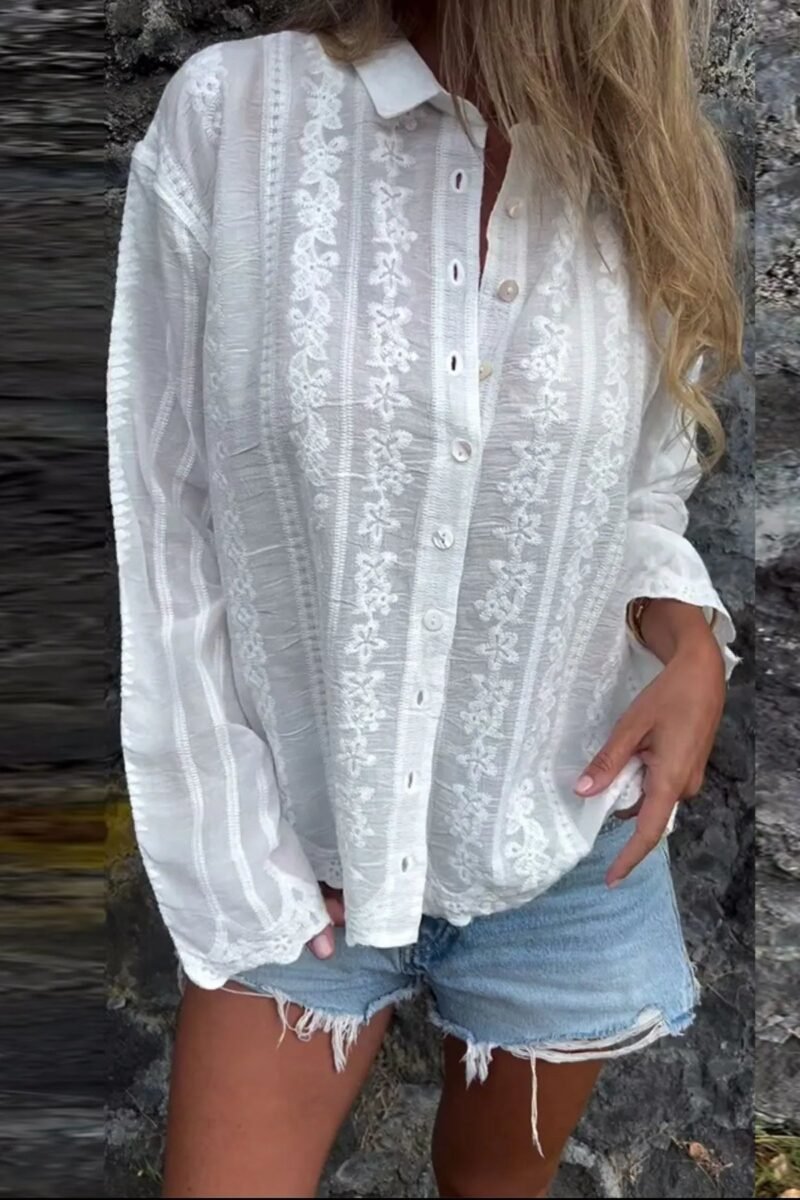 Botanical Charm Embroidered Blouse | White or Apricot