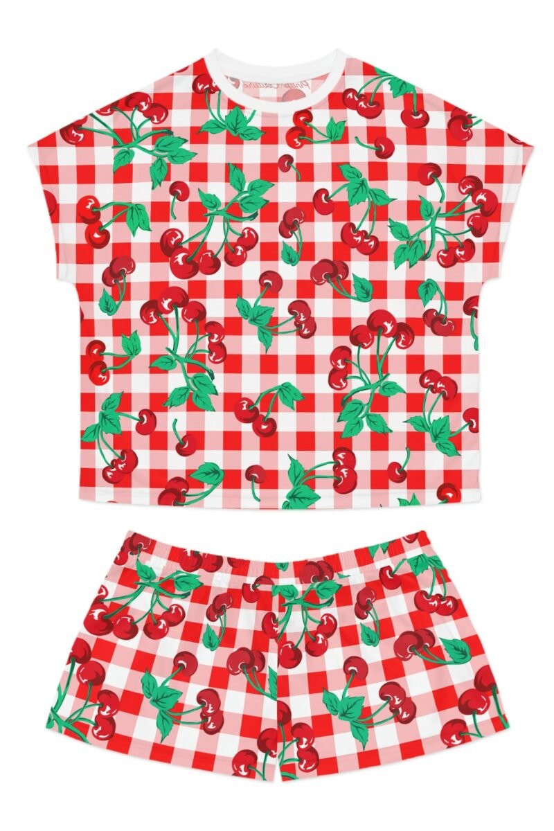TGIF Sleepover PJs in Red & White Gingham Cherry Girl Tee & Pajama Shorts-Set