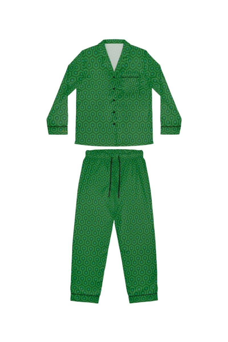 Pajama Game in Green Hotel Hexagon Satin 2 Piece Button Up PJ Set