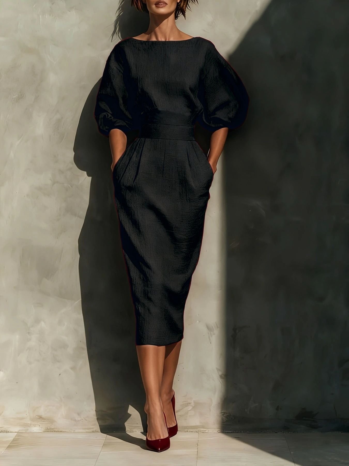 Puff-Sleeve Midi Dress with Pockets | 3 Colors