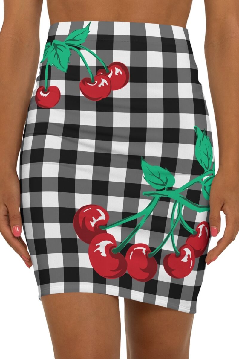 Women's 1990s Fitted Mini Skirt  in Black Gingham Vintage Cherries Print