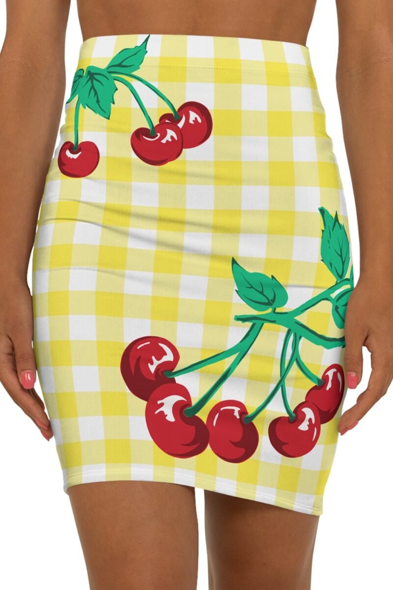 Women's 1990s Fitted Mini Skirt  in Yellow Gingham Vintage Cherries Print