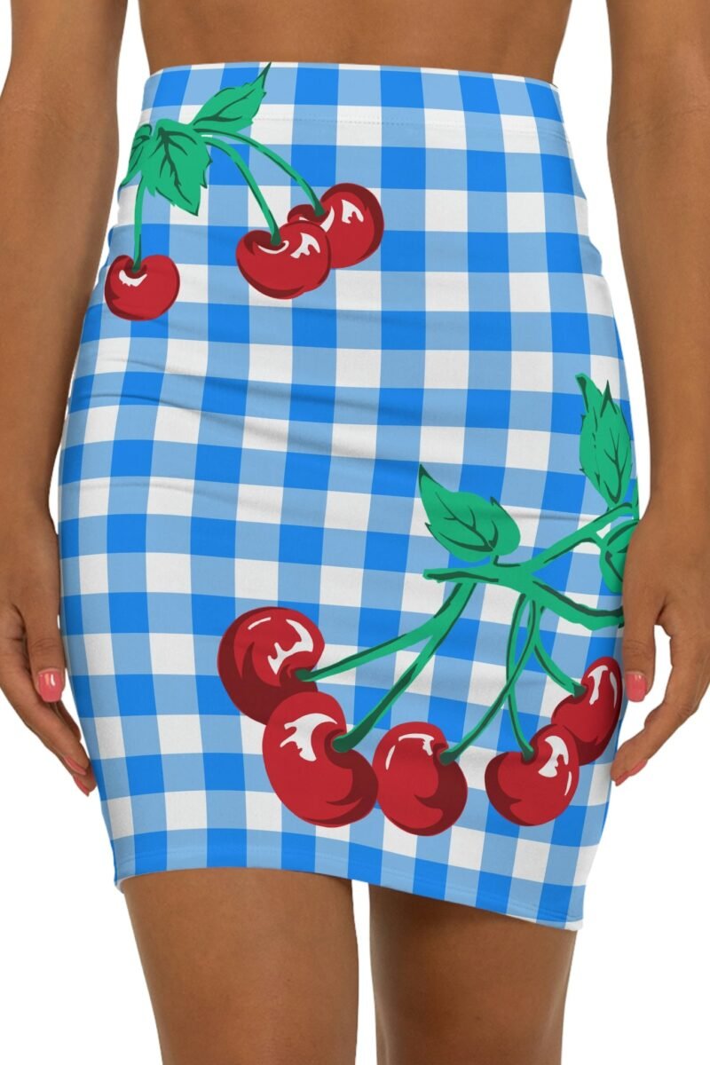 Paris 90's Vintage Stretch Mini Skirt in Blue Gingham Cherry Print