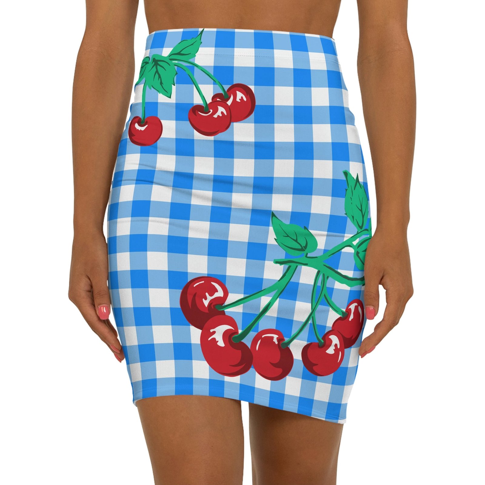 Paris 90's Vintage Stretch Mini Skirt in Blue Gingham Cherry Print
