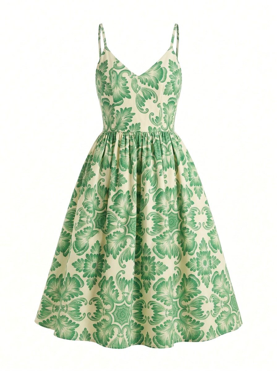 Amalie Ballerina 70's Style Swing Dress in Green Noto Tile