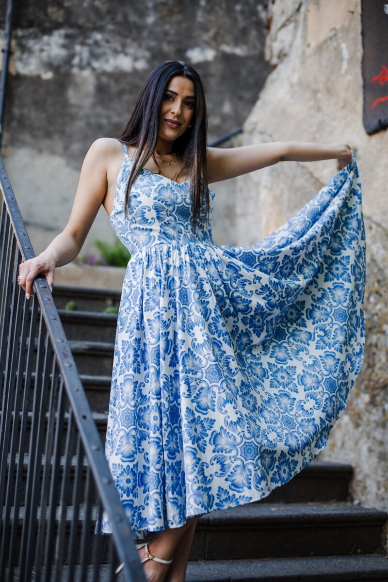 Amalie Ballerina 70's Style Swing Dress in Blue Noto Tile