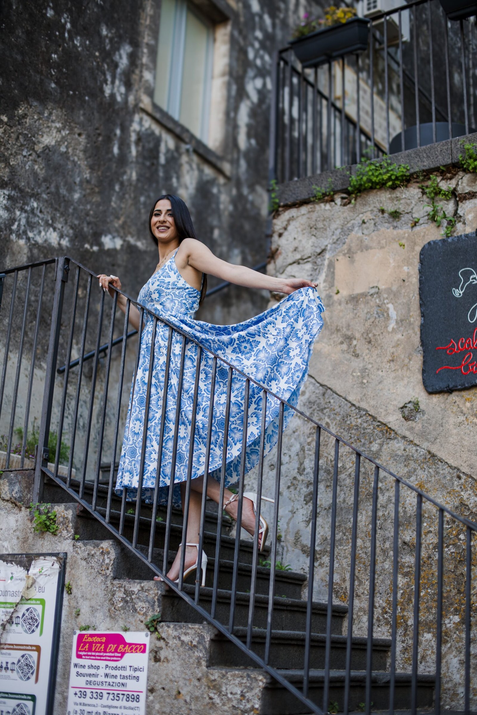 Amalie Ballerina 70's Style Swing Dress in Blue Noto Tile