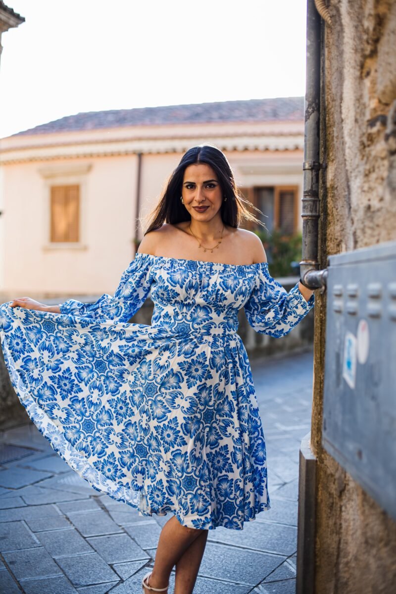 Marie-Therese Peasant Dress in Blue Noto Tile