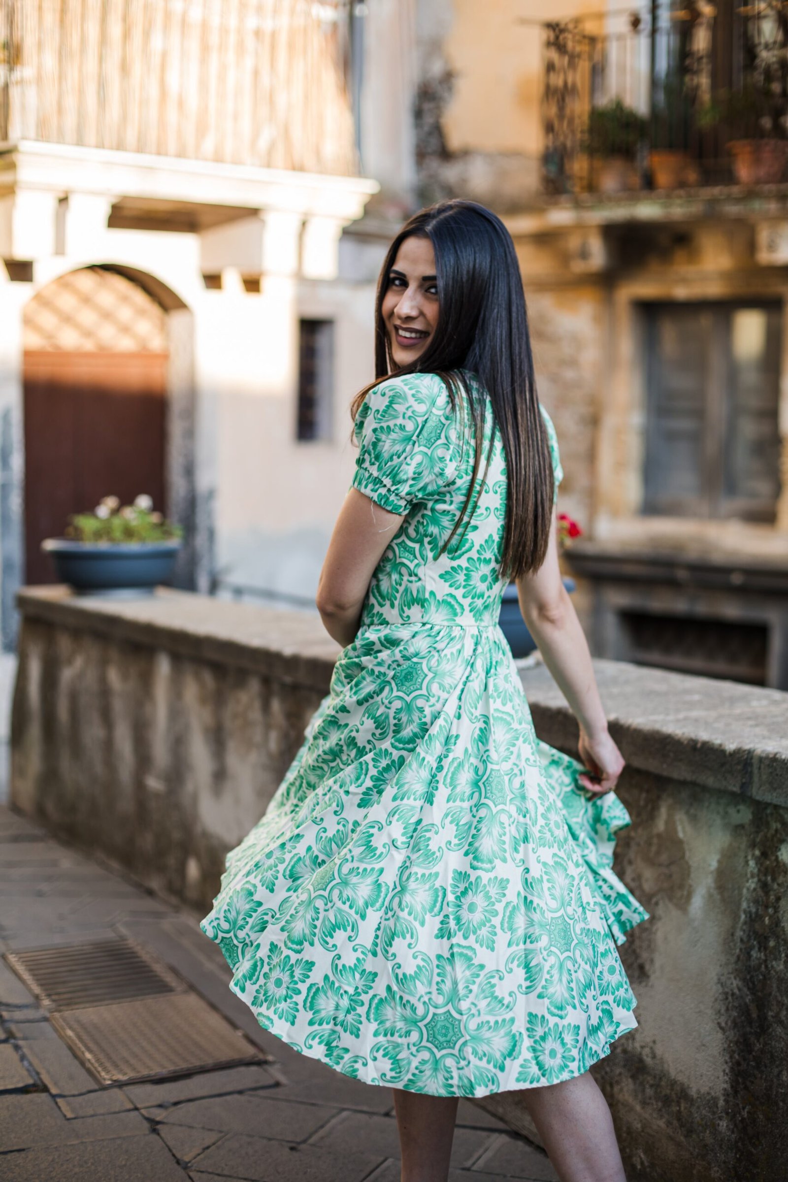 Amara Swing Dress in Green Noto Tile