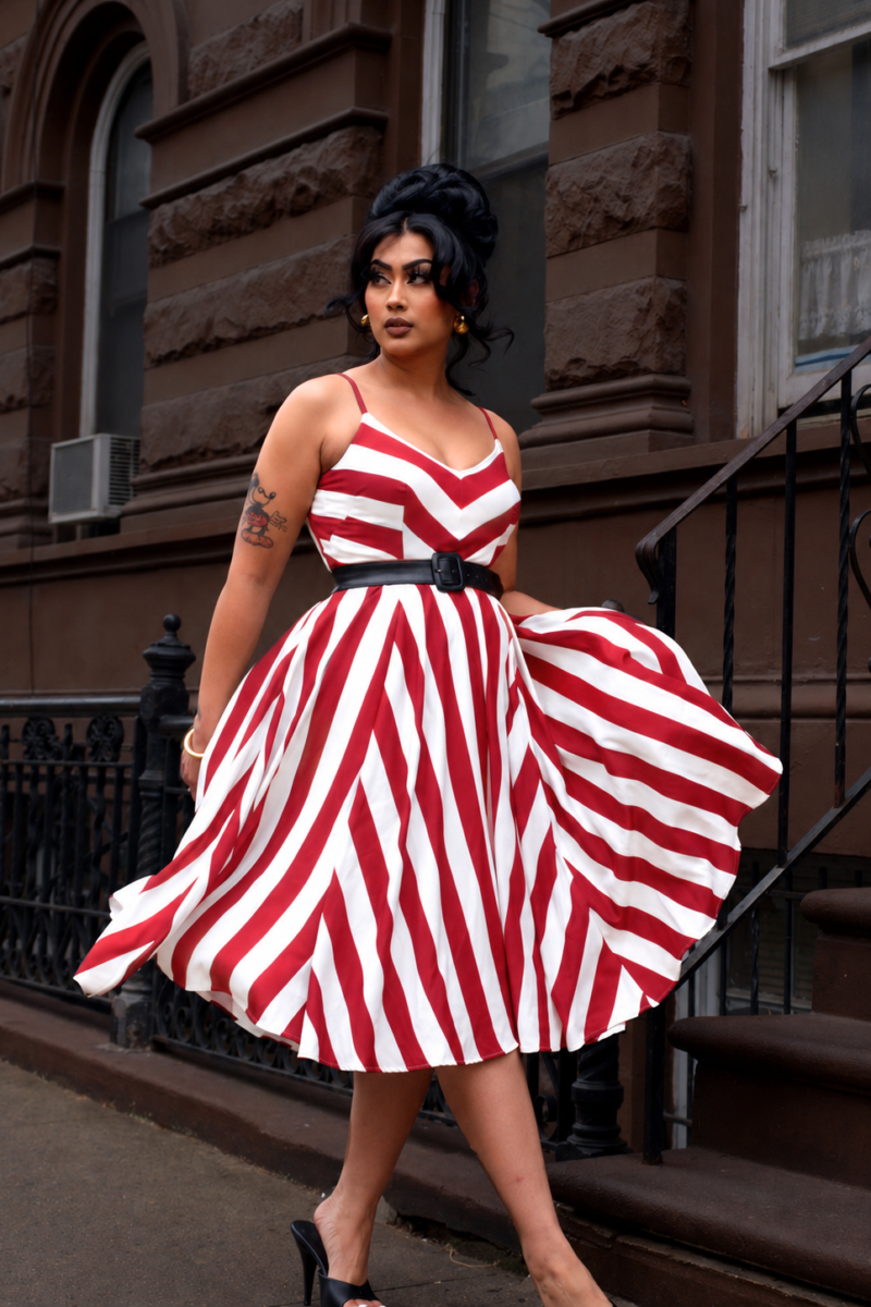 Amalie Ballerina 70's Style Swing Dress in Red and White Mark Stripe
