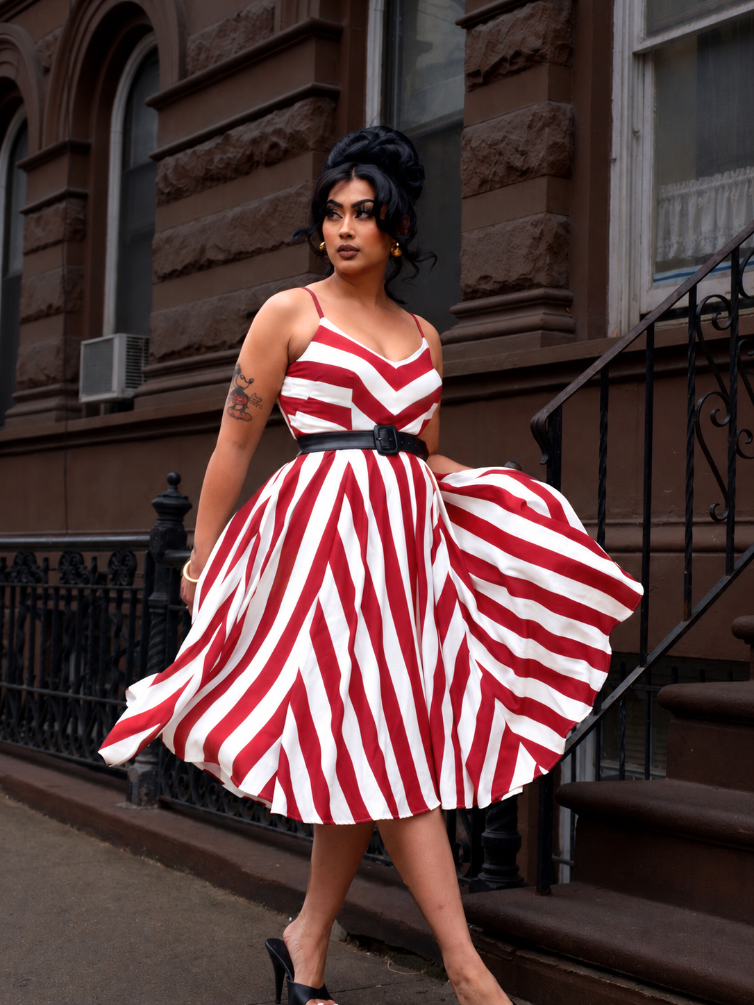 Amalie Ballerina 70's Style Swing Dress in Red and White Mark Stripe