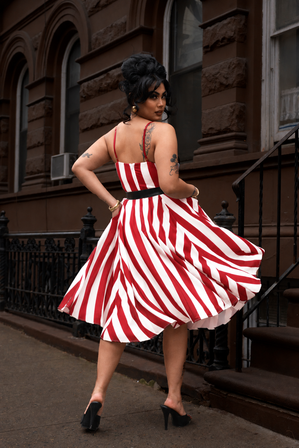 Amalie Ballerina 70's Style Swing Dress in Red and White Mark Stripe