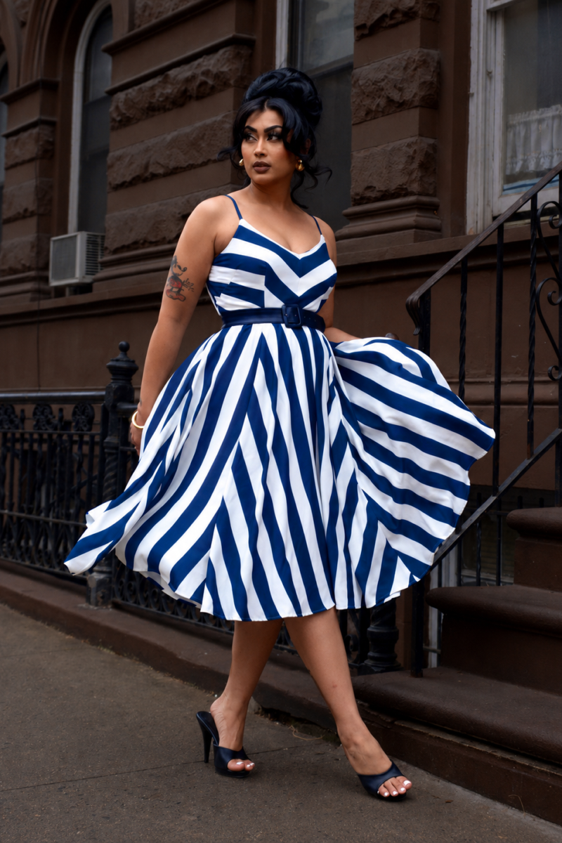 Amalie Ballerina 70's Style Swing Dress in Blue and White Mark Stripe