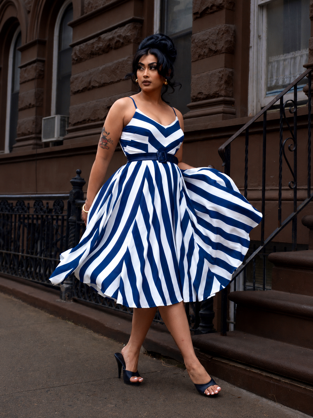 Amalie Ballerina 70's Style Swing Dress in Blue and White Mark Stripe