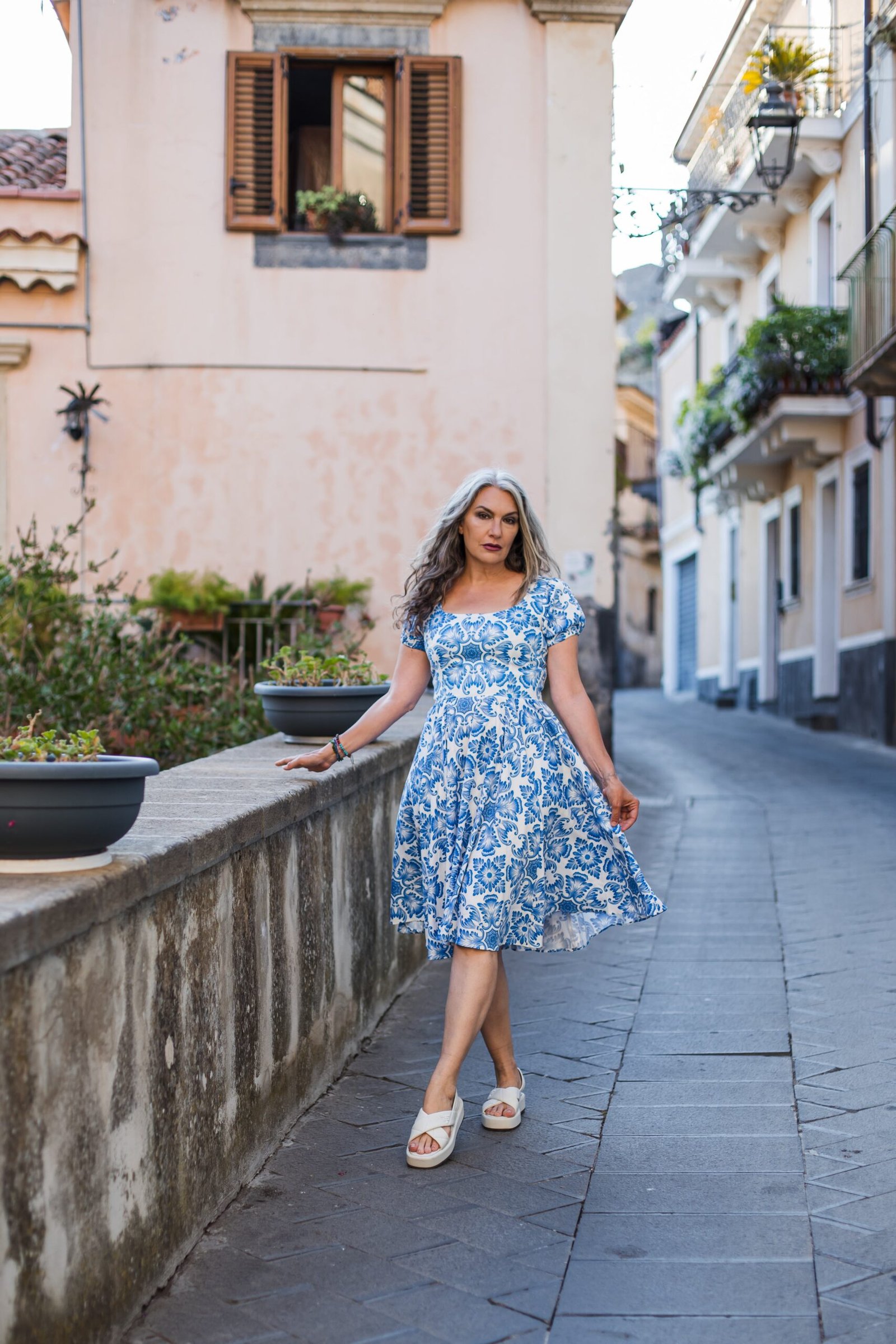 Amara Swing Dress in Blue Noto Tile