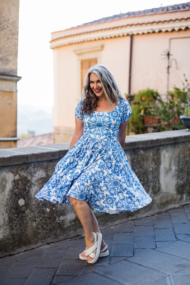 Amara Swing Dress in Blue Noto Tile