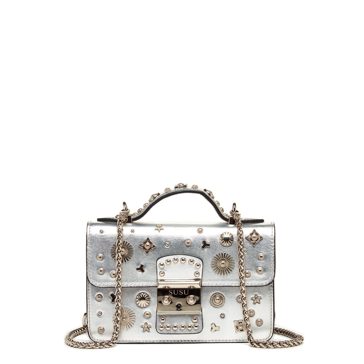 The Hollywood Studded Leather Crossbody Bag in Silver