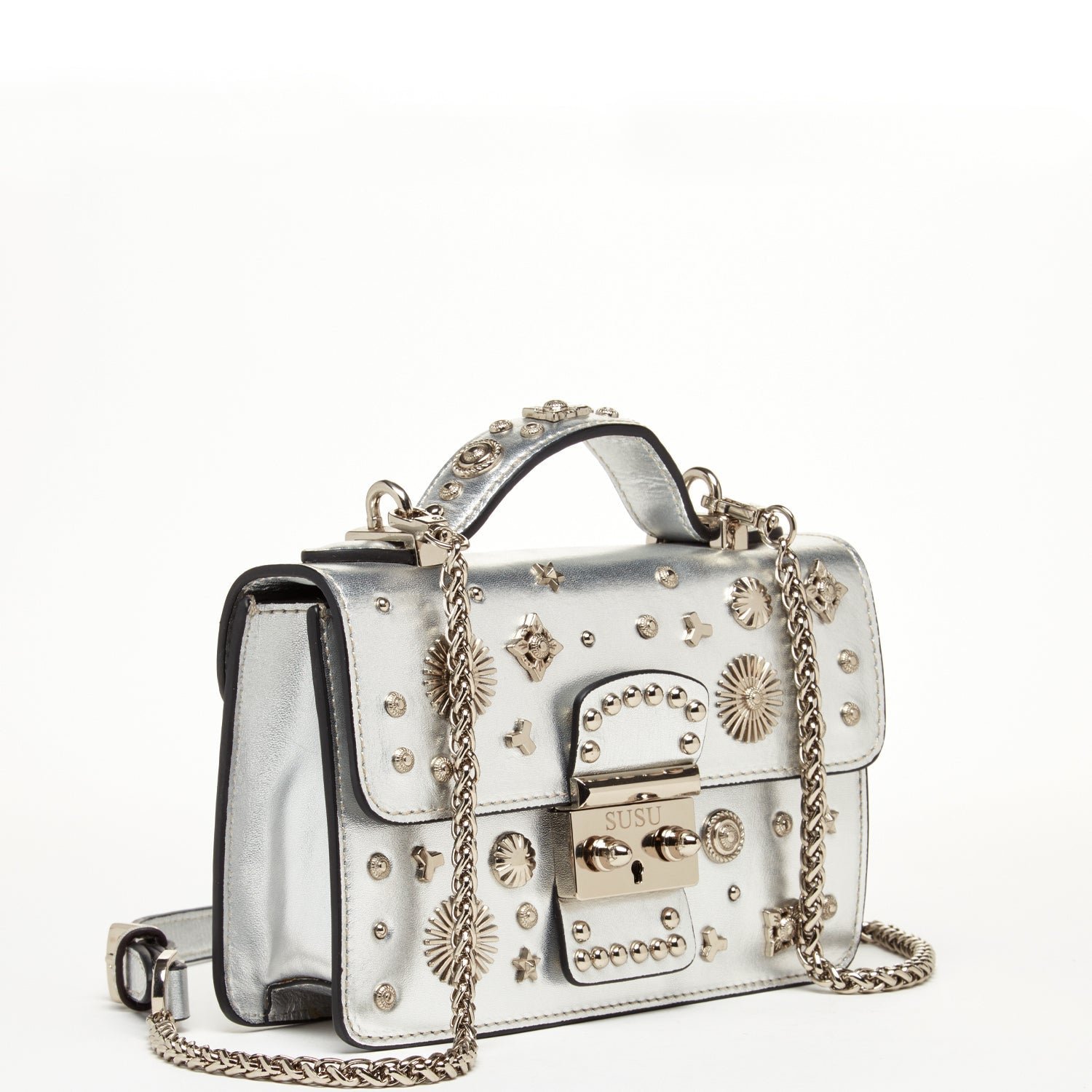The Hollywood Studded Leather Crossbody Bag in Silver