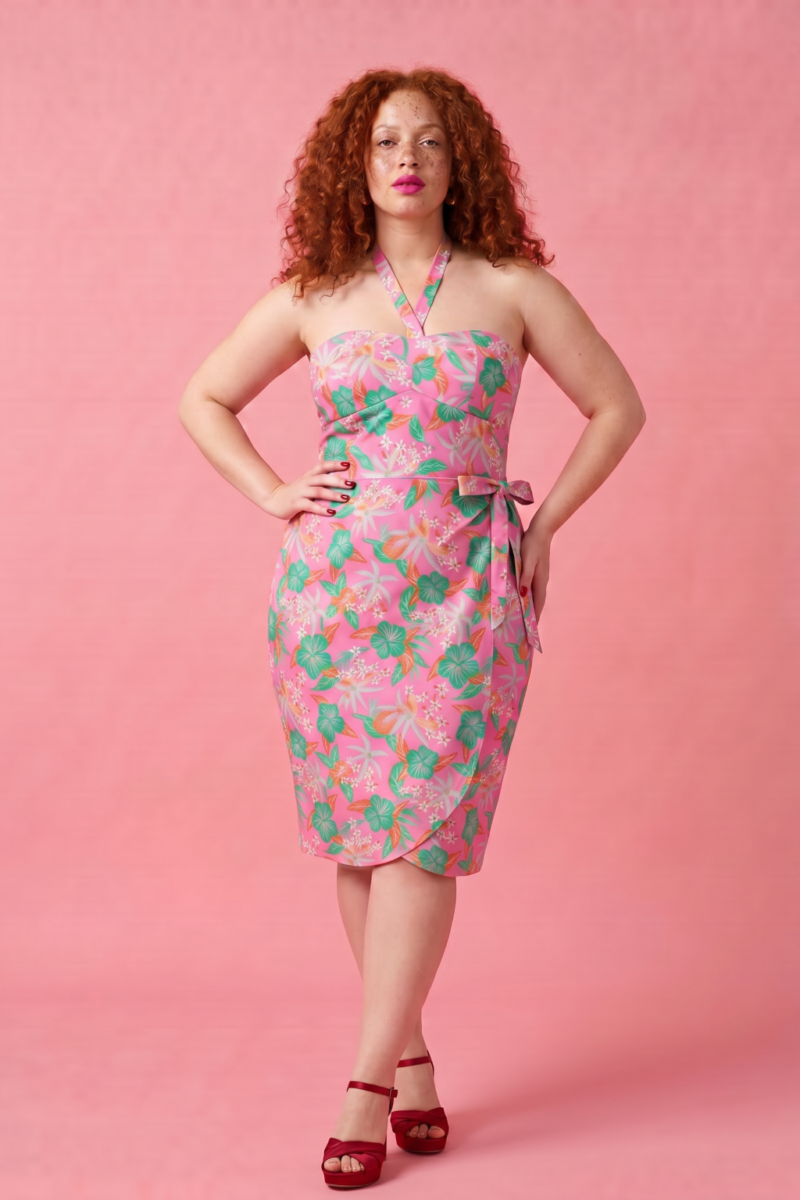 Serena Wiggle Dress in Tropical Hibiscus Pink