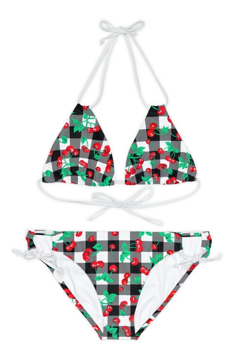 90s Vintage Black Gingham Cherry Print Strappy Bikini Set