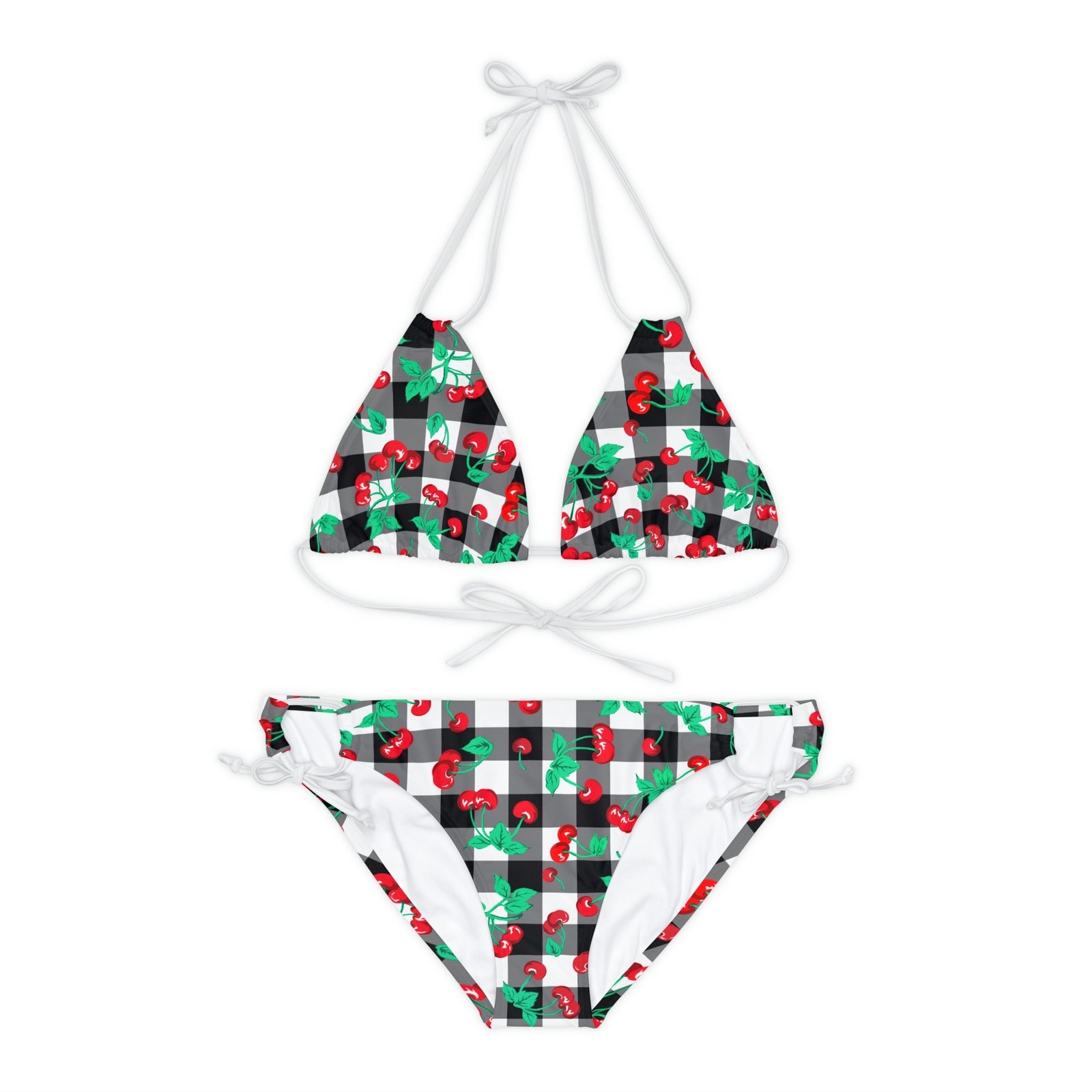 90s Vintage Black Gingham Cherry Print Strappy Bikini Set