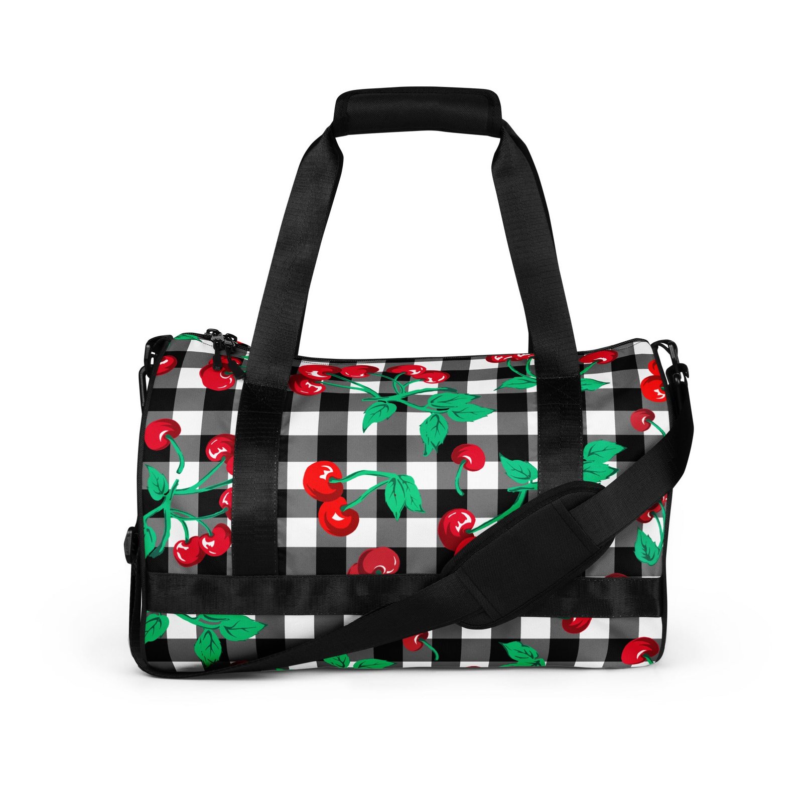 Black Gingham Cherry Girl Gym Duffle Workout Bag