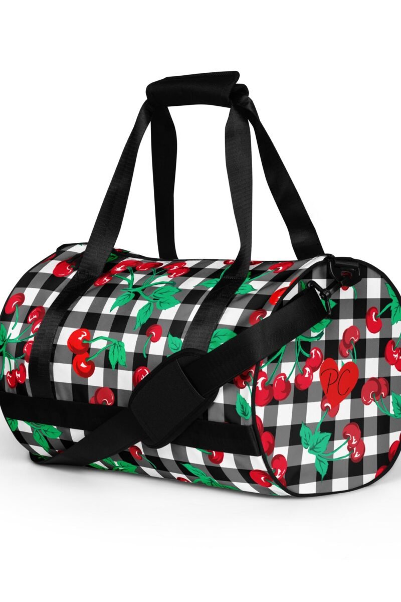 Black Gingham Cherry Girl Gym Duffle Workout Bag