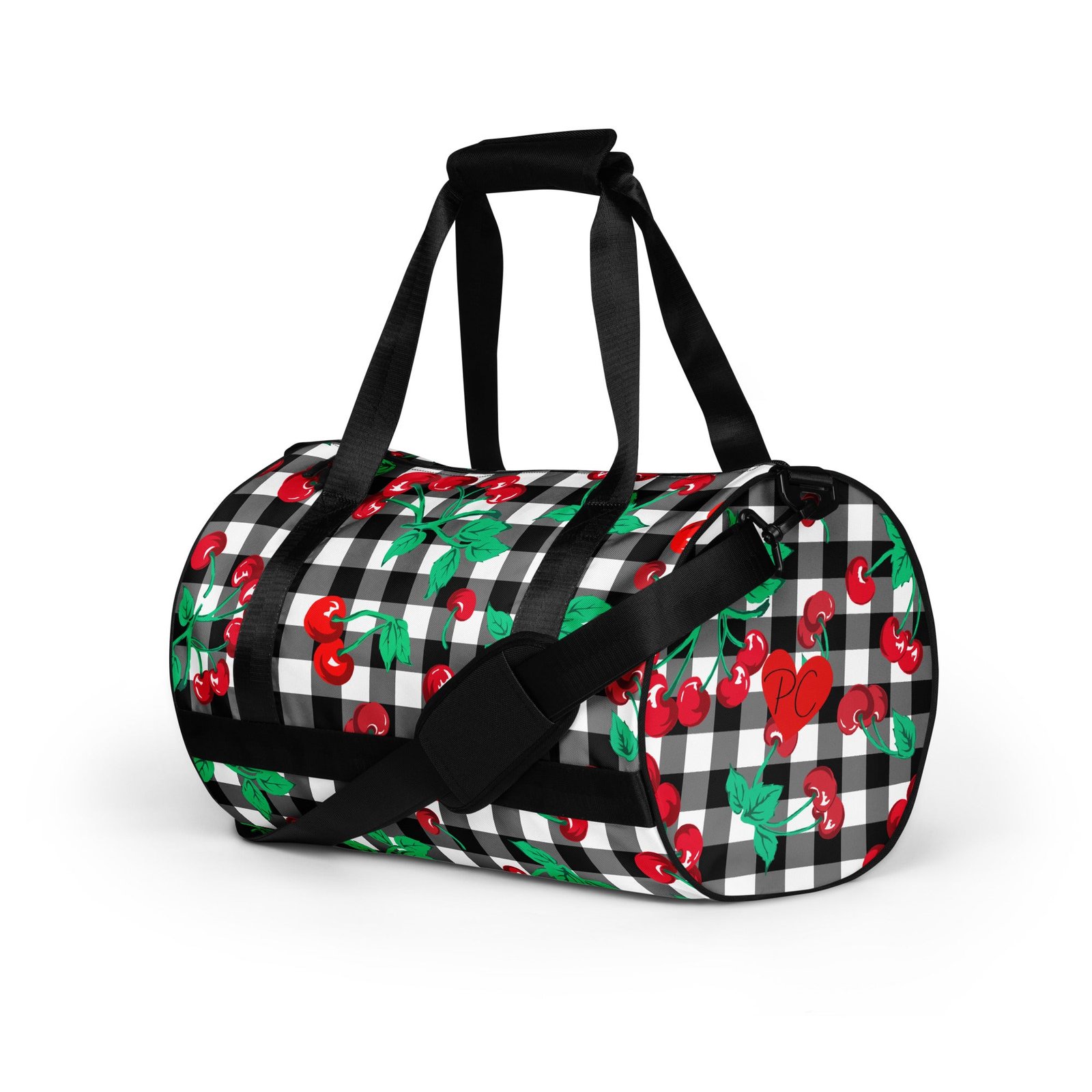 Black Gingham Cherry Girl Gym Duffle Workout Bag