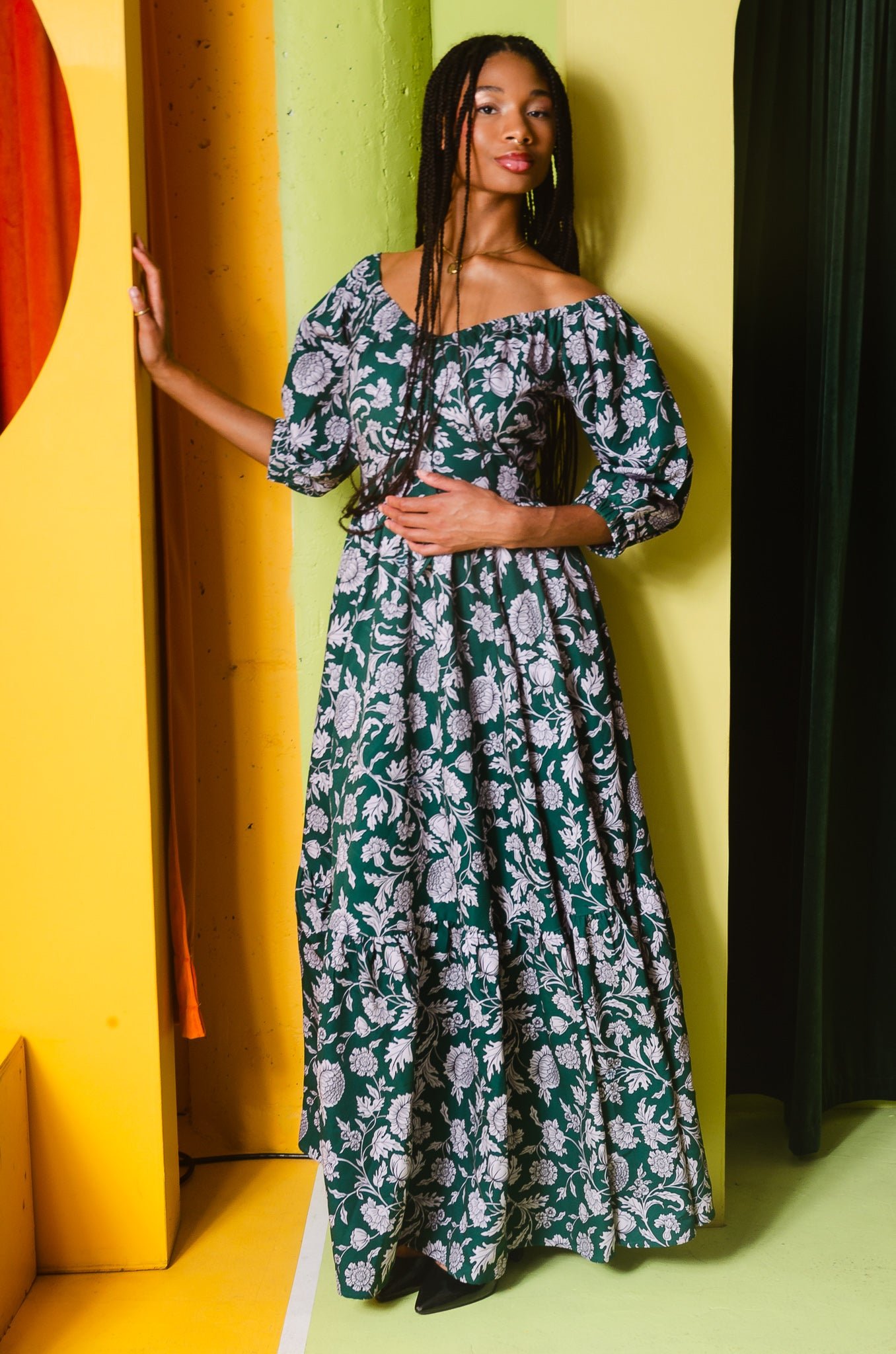 Molly 70s Floral Vintage Maxi Gown in Capri Floral Green