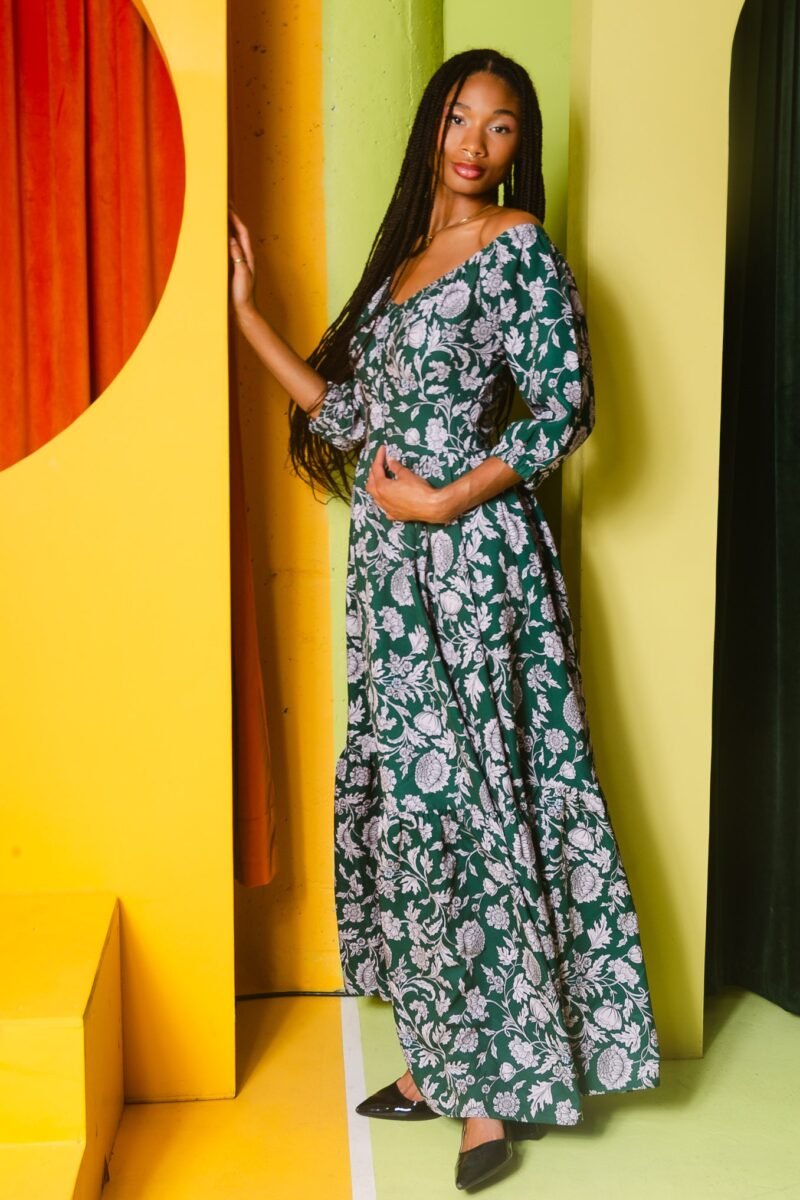 Molly 70s Floral Vintage Maxi Gown in Capri Floral Green
